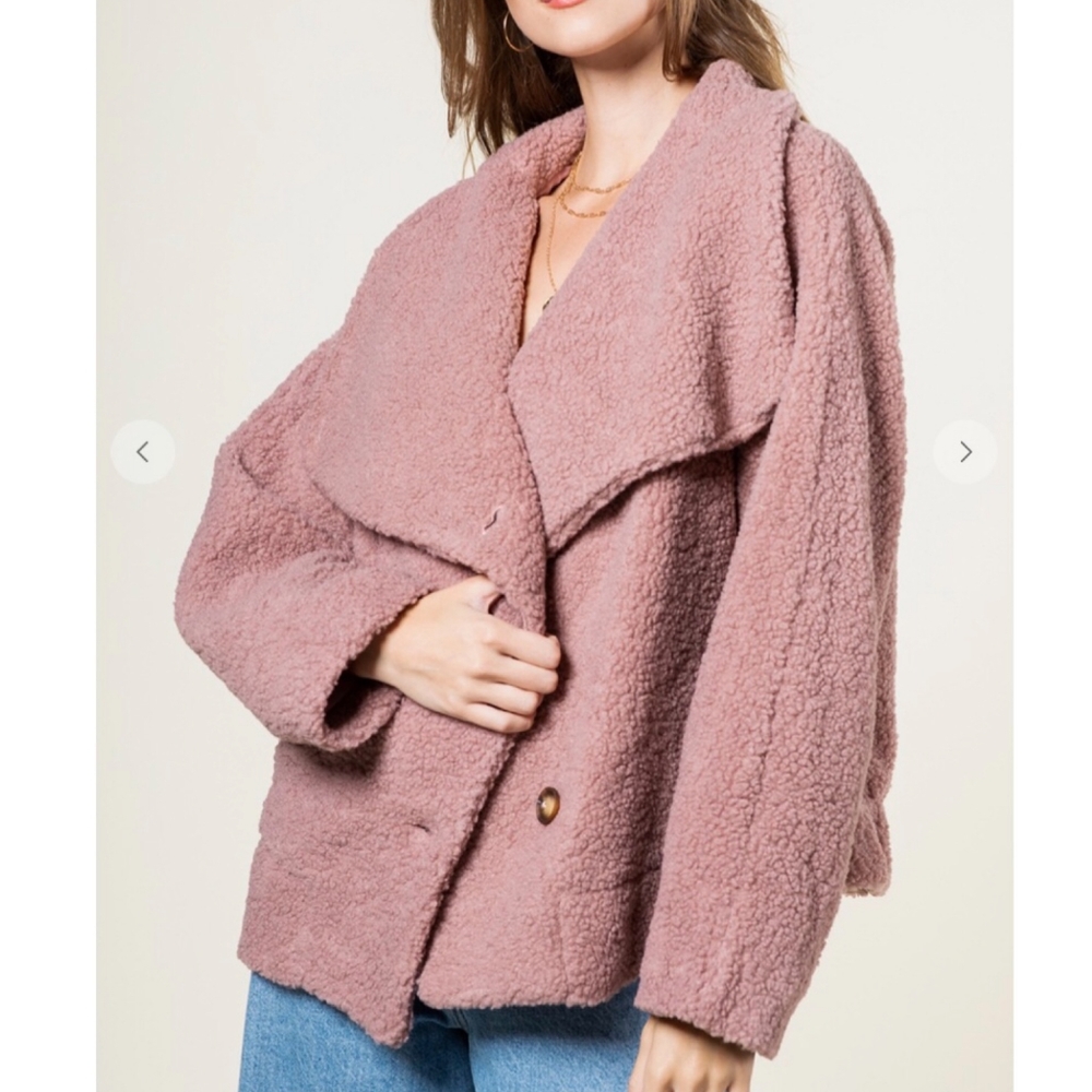 NEW IN By VERY J Nordstrom Cozy Chic Mauve Sherpa Oversized Teddy Coat Jacket - Picture 3 of 8